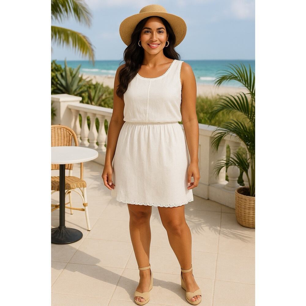 LOFT White Eyelet Linen Dress Size 14 Sleeveless Cutout‎ Back boho cottagecore